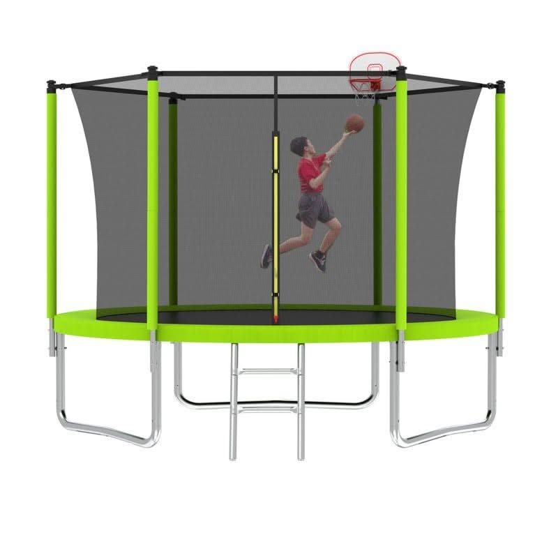 10FT Green Trampoline for Kids Outdoor Play With Basketball Hoop - MERSCO SPORTS