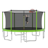 14FT Green Heavy-Duty Round Trampoline Kids With Ladder&Basketball Hoop - MERSCO SPORTS