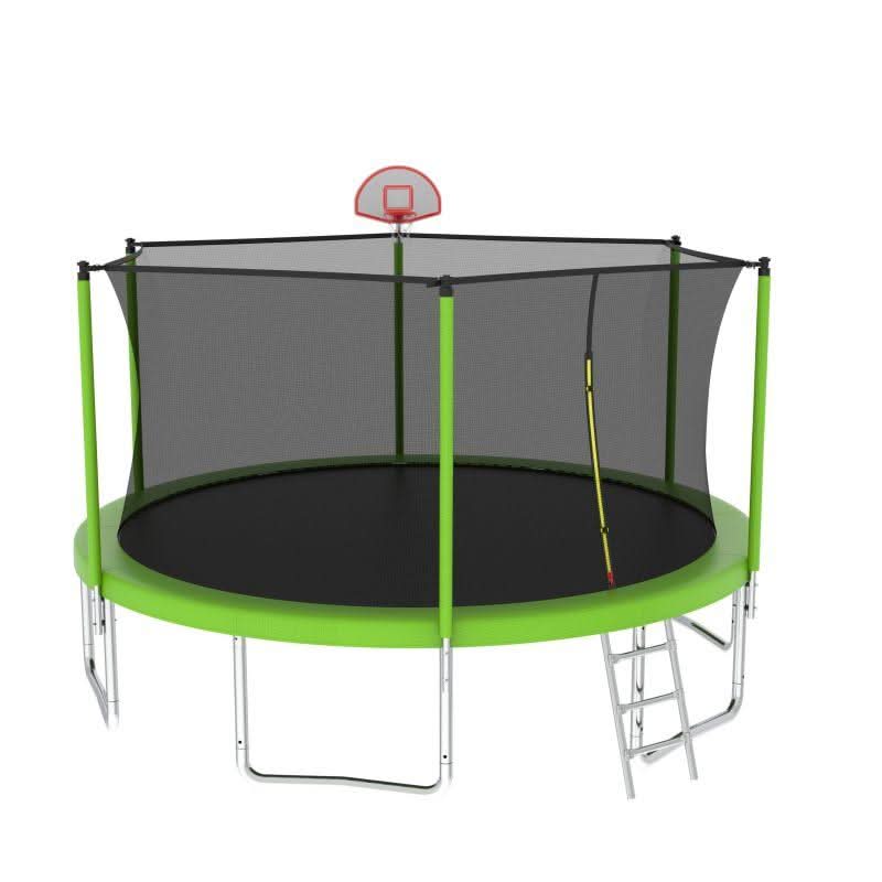 14FT Green Heavy-Duty Round Trampoline Kids With Ladder&Basketball Hoop - MERSCO SPORTS