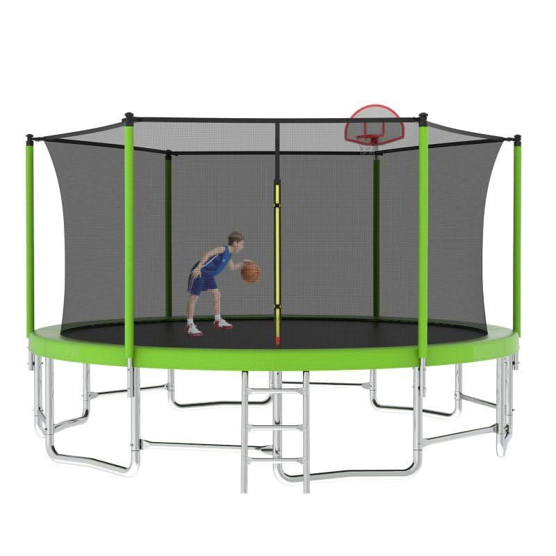 15FT Green Recreational Trampoline For Family with Enclosure Net - MERSCO SPORTS