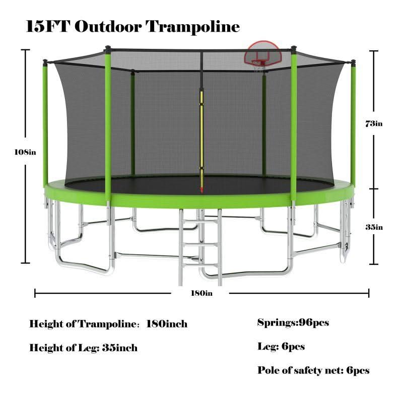 15FT Green Recreational Trampoline For Family with Enclosure Net - MERSCO SPORTS