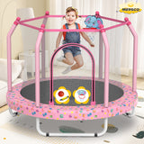 Mersco 55inch Toddler Trampoline, Mini Trampoline for Kids with Enclosure and Basketball Hoop, Birthday Gifts, Pink