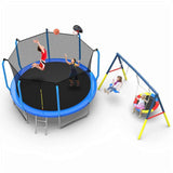 Trampolín deportivo resistente de 12 pies de color azul con aro de baloncesto para divertirse