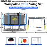 Trampolín deportivo resistente de 12 pies de color azul con aro de baloncesto para divertirse