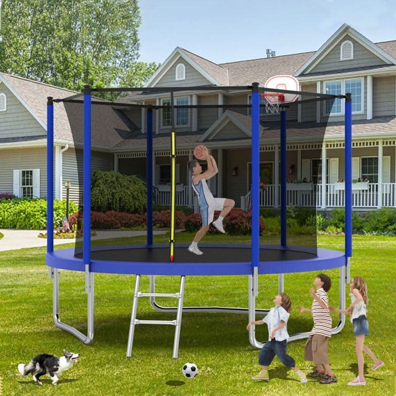 10FT Blue Round Outdoor Trampoline with Enclosure Net Jump - MERSCO SPORTS