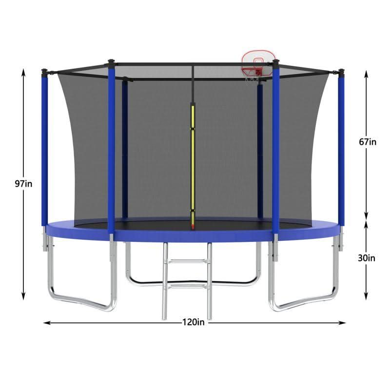 10FT Blue Round Outdoor Trampoline with Enclosure Net Jump - MERSCO SPORTS