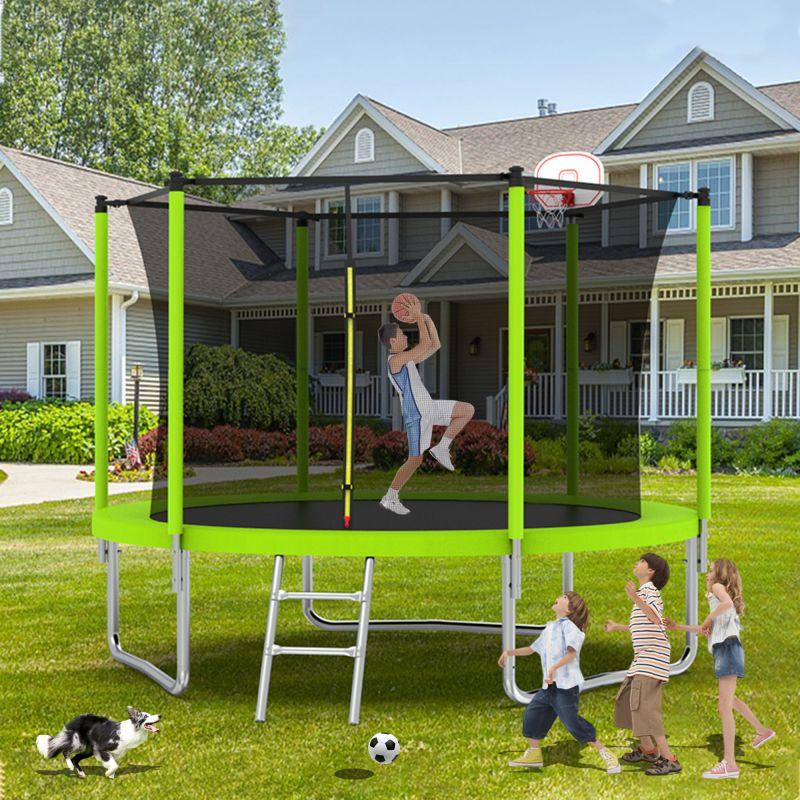 10FT Green Trampoline for Kids Outdoor Play With Basketball Hoop - MERSCO SPORTS