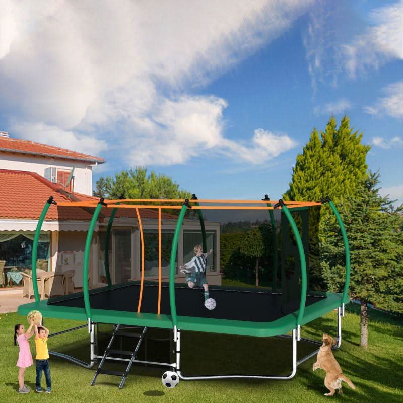 10X16FT Green Rectangle Trampoline with Basketball Hoop for Backyard - MERSCO SPORTS