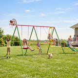 MERSCO 6-in-1 Backyard Swing Set with Slide - Pink & Green