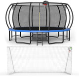 MERSCO 16FT Pumpkin Trampoline with Safety Enclosure Net, Basketball Hoop & 16x7FT Soccer Goal Post Set, All-Weather Backyard Sports Combo Training Center for Kids & Adults