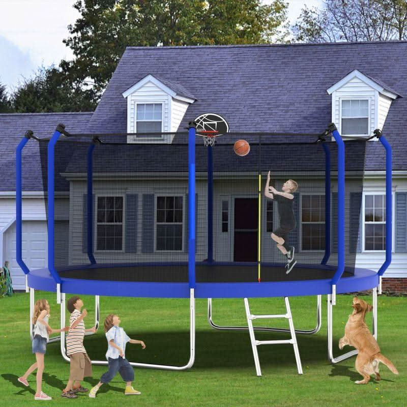 12FT Blue Heavy-Duty Sport Trampoline With Basketball Hoop For Fun - MERSCO SPORTS