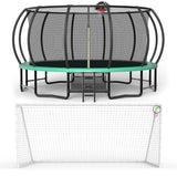 MERSCO 16FT Pumpkin Trampoline with Safety Enclosure Net, Basketball Hoop & 16x7FT Soccer Goal Post Set, All-Weather Backyard Sports Combo Training Center for Kids & Adults