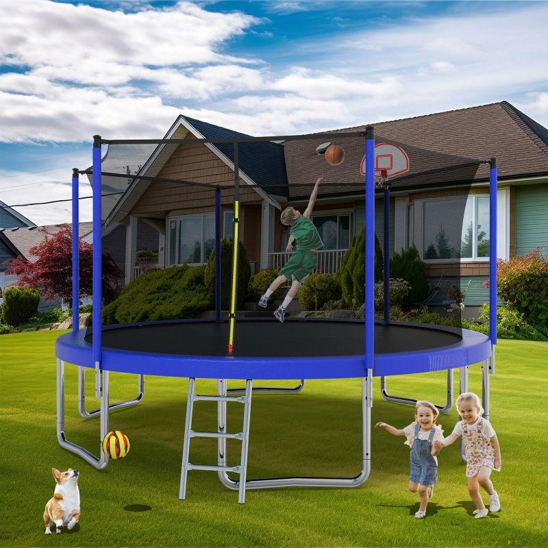 14FT Blue Outdoor Adult Sport Recreational Trampoline With Safety Net - MERSCO SPORTS