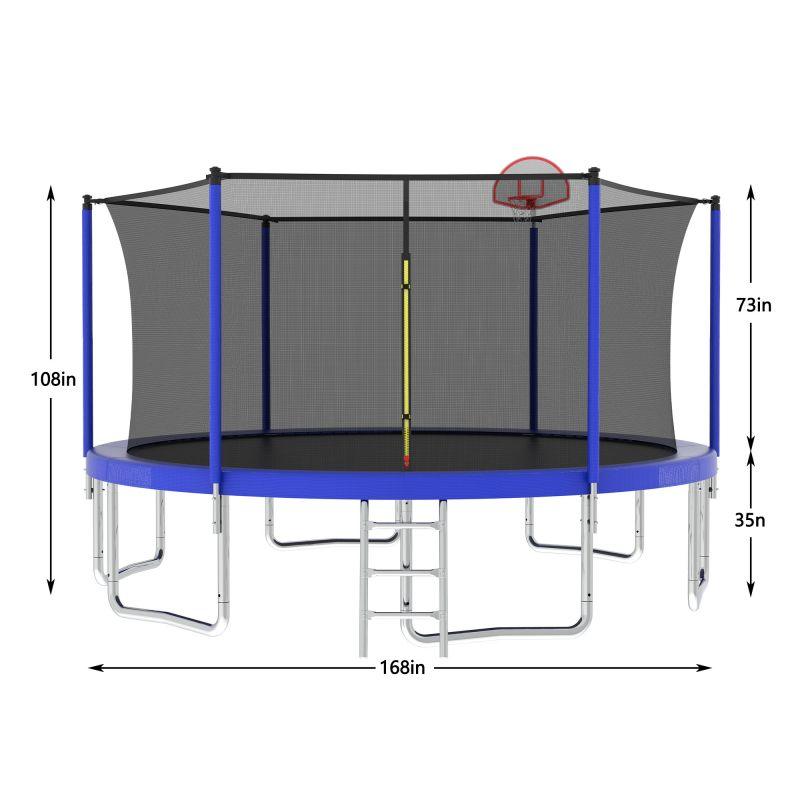 14FT Blue Outdoor Adult Sport Recreational Trampoline With Safety Net - MERSCO SPORTS