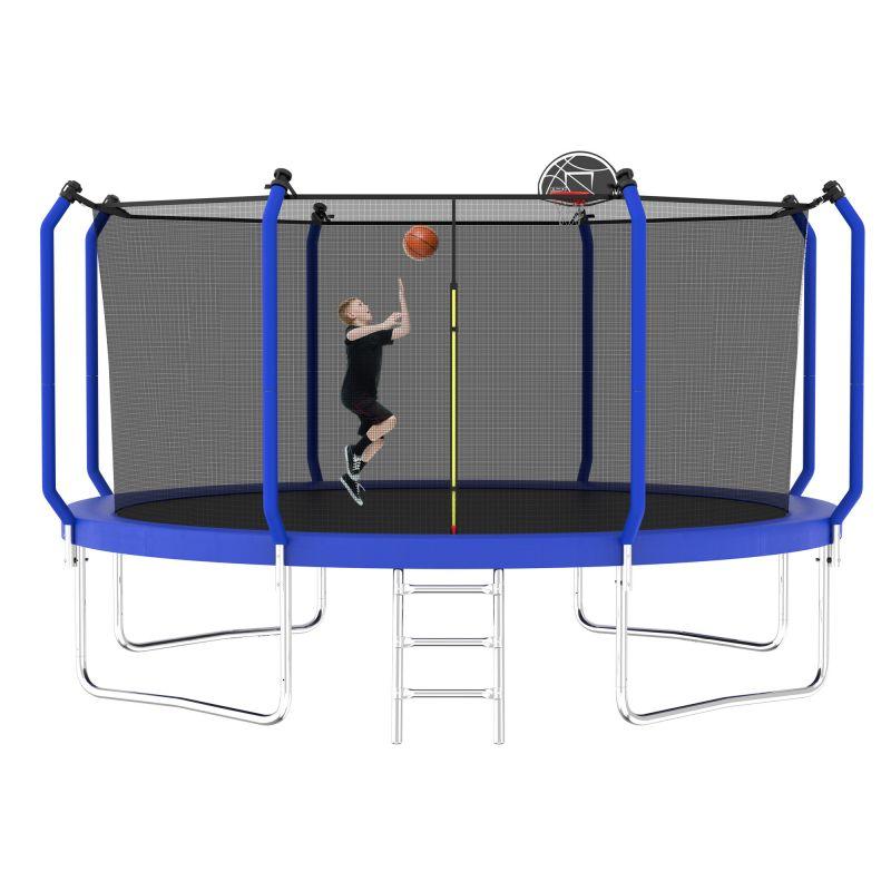 14FT Blue Recreational Trampolines for Kids With Ladder&Hoop - MERSCO SPORTS