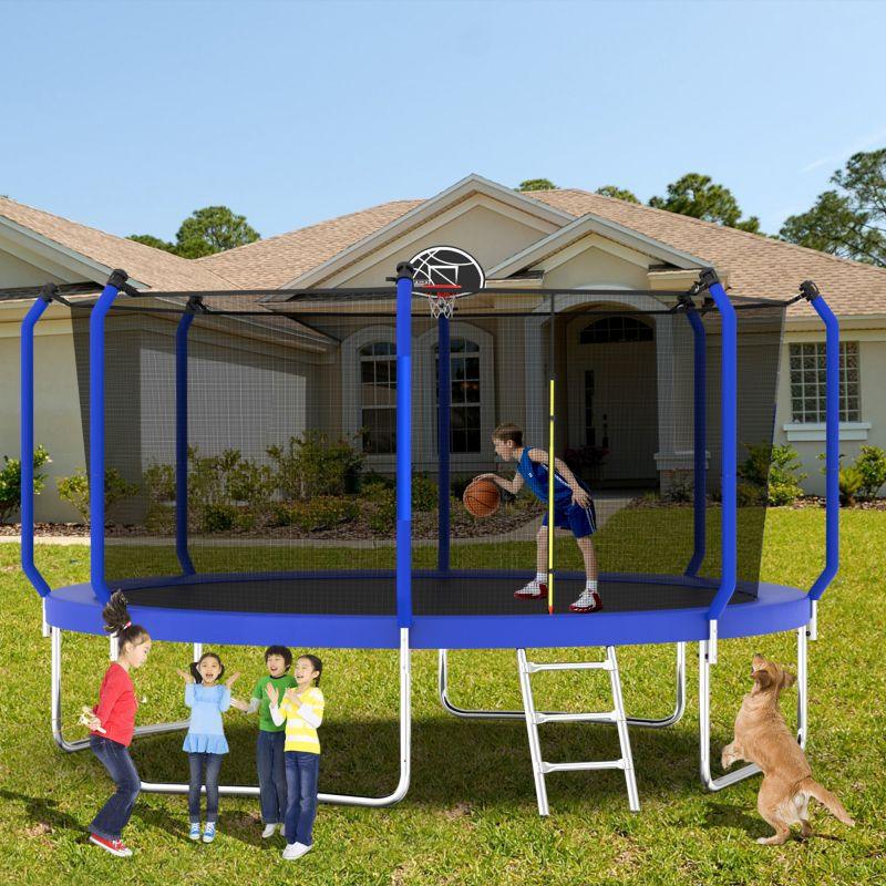 14FT Blue Recreational Trampolines for Kids With Ladder&Hoop - MERSCO SPORTS