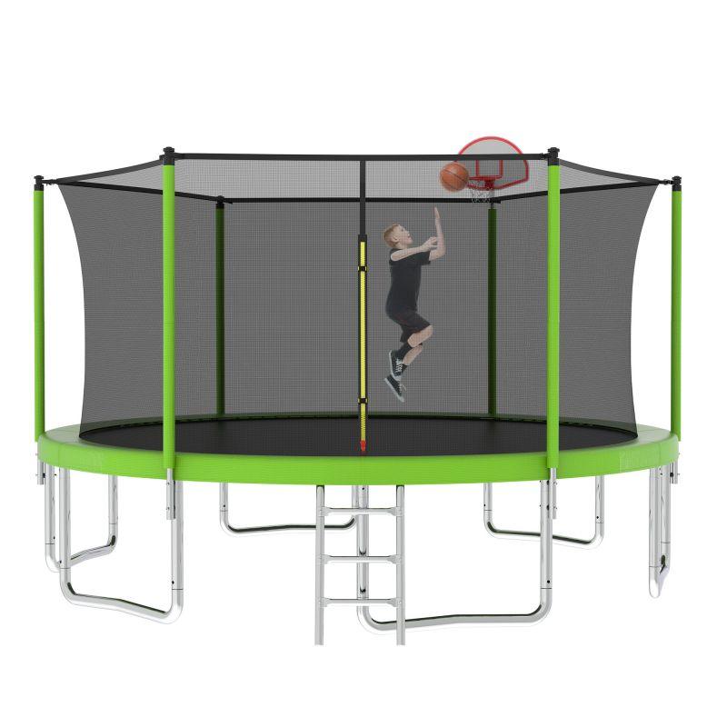 14FT Green Heavy-Duty Round Trampoline Kids With Ladder&Basketball Hoop - MERSCO SPORTS