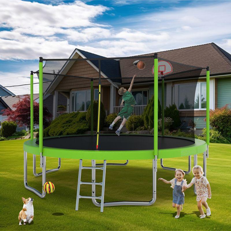 14FT Green Heavy-Duty Round Trampoline Kids With Ladder&Basketball Hoop - MERSCO SPORTS