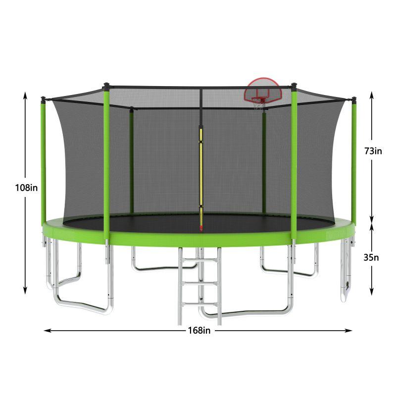 14FT Green Heavy-Duty Round Trampoline Kids With Ladder&Basketball Hoop - MERSCO SPORTS