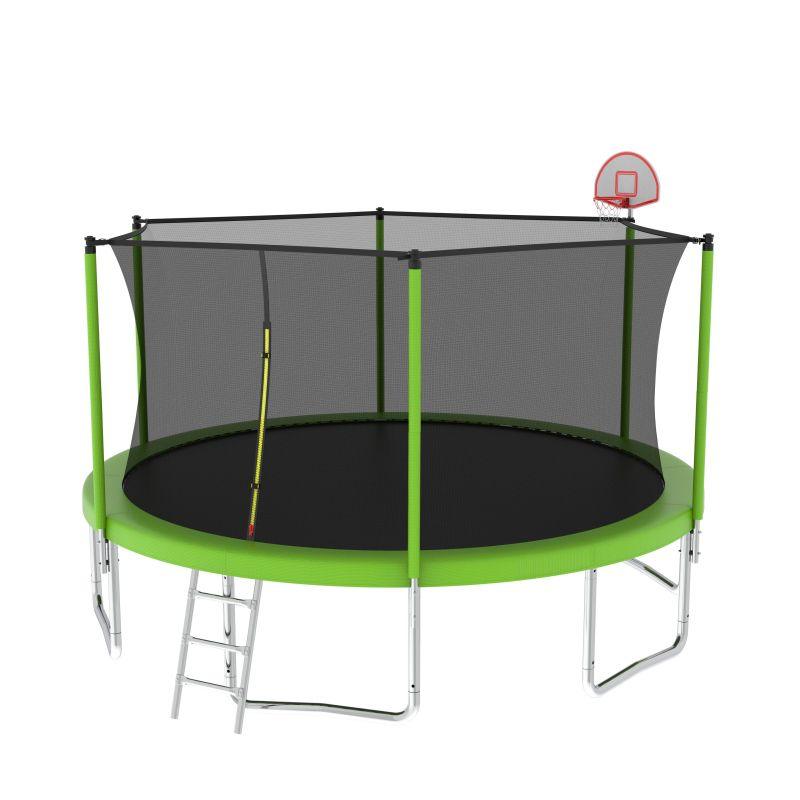 14FT Green Heavy-Duty Round Trampoline Kids With Ladder&Basketball Hoop - MERSCO SPORTS