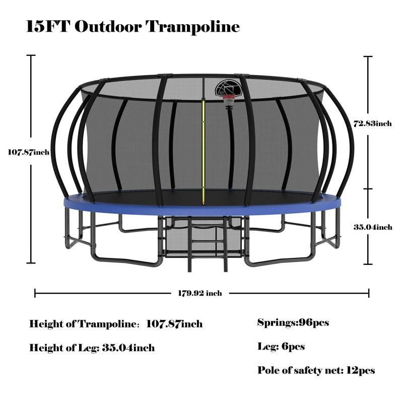 15FT Blue Heavy Duty Trampoline For Family with Safety Net - MERSCO SPORTS