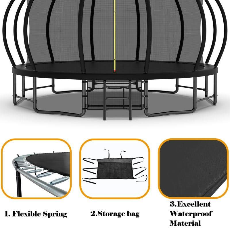 16FT Black Backyard Trampoline with Inner Safety Enclosure Net - MERSCO SPORTS