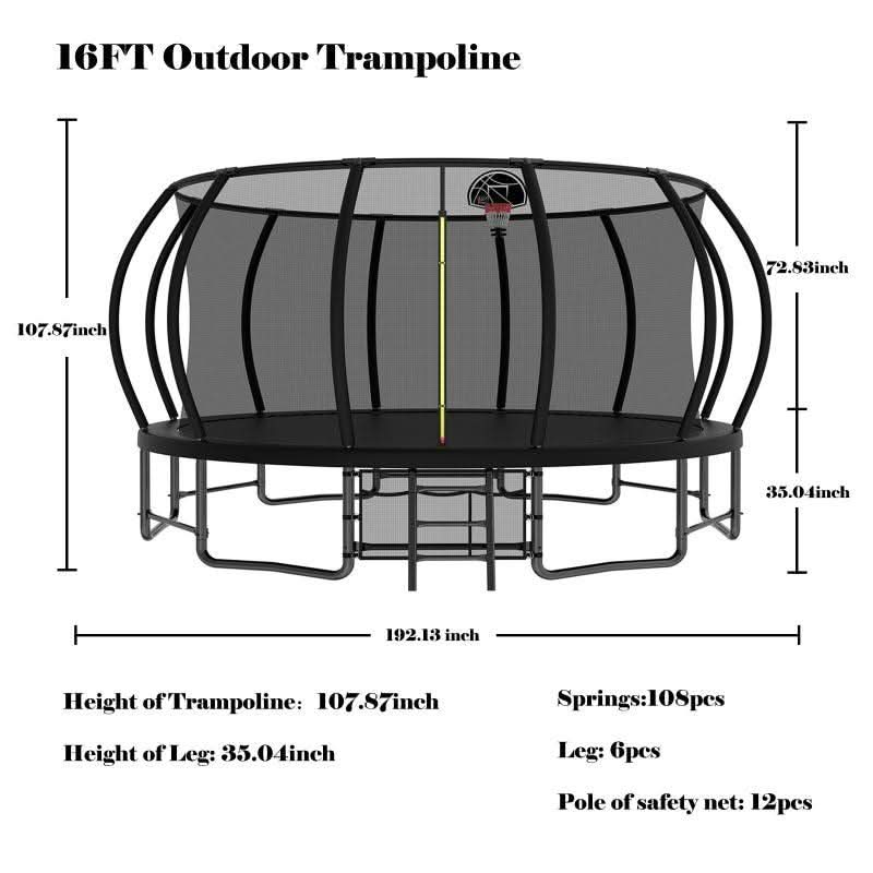 16FT Black Backyard Trampoline with Inner Safety Enclosure Net - MERSCO SPORTS