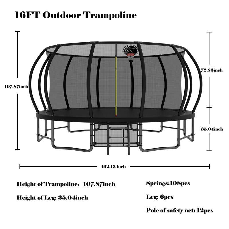 16FT Black Backyard Trampoline with Inner Safety Enclosure Net - MERSCO SPORTS