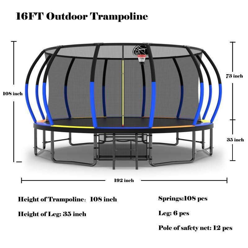 16FT Colorful Heavy Duty Recreational Trampoline For Family - MERSCO SPORTS