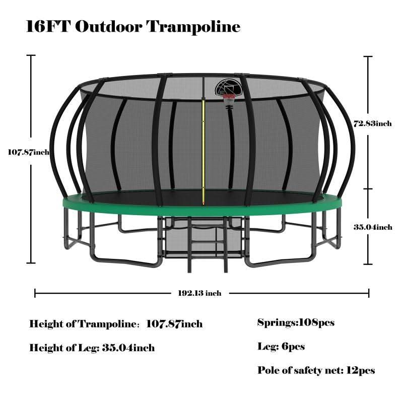 16FT Green Extra Sturdy Recreational Trampoline with Enclosure - MERSCO SPORTS