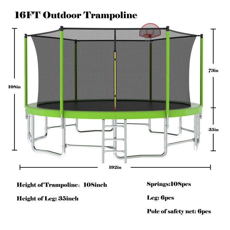 16FT Green Outdoor Big Trampolines for Kids with Inner Safety Enclosure Net - MERSCO SPORTS