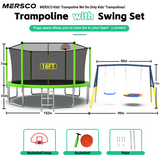 Mersco 16FT Heavy Duty Trampoline with Enclosure Net & Swing Set Outdoor Big Trampoline for Backyard,Kids Trampoline with Basketball Hoop,1320LBS Capacity,Birthday & Holiday Gifts for Kids,Green