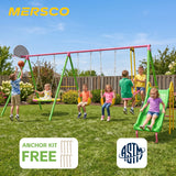 MERSCO 6 in 1 Backyard Swing Set for Kids with Basketball Hoop, Seesaw, Slide & 3 Adjustable Swings - 630lbs Capacity Heavy Duty Metal Outdoor Playground Set