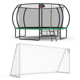 MERSCO 14FT Pumpkin Trampoline with Safety Enclosure Net, Basketball Hoop & 16x7FT Soccer Goal Post Set, All-Weather Backyard Sports Combo Training Center for Kids & Adults