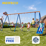 MERSCO 6 in 1 Backyard Swing Set for Kids with Basketball Hoop, Seesaw, Slide & 3 Adjustable Swings - 630lbs Capacity Heavy Duty Metal Outdoor Playground Set