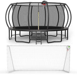 MERSCO 16FT Pumpkin Trampoline with Safety Enclosure Net, Basketball Hoop & 16x7FT Soccer Goal Post Set, All-Weather Backyard Sports Combo Training Center for Kids & Adults