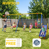 MERSCO 6 in 1 Backyard Swing Set for Kids with Basketball Hoop, Seesaw, Slide & 3 Adjustable Swings - 630lbs Capacity Heavy Duty Metal Outdoor Playground Set