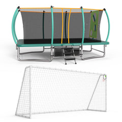 MERSCO 10x16FT Rectangular Trampoline with Safety Enclosure Net, Soccer Target Cloth & 16x7FT Soccer Goal Post Set, Premium Backyard Gymnastics & Football Combo Training Center