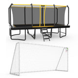 MERSCO 12x18FT Rectangular Trampoline with Patent No-Gap Enclosure Net & 16x7FT Soccer Goal Post Set, Heavy-Duty Backyard Sports Arena Training Combo for Kids, Teens & Adults