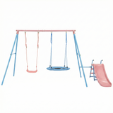 Mersco Baby Swing Set with Slide, 3-in-1 Outdoor Playset for Backyard with Flying Saucer & Classic Swing, Sturdy Metal Frame Playground Swing Set Toy for Kids,Pink