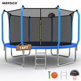 Mersco 14ft Trampoline for Kids & Adults with Enclosure Net, Basketball Hoop, Ladder,1320LBS Capacity Heavy-Duty Rebounder Trampoline Set for Backyard/School (Blue)
