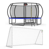 MERSCO 14FT Pumpkin Trampoline with Safety Enclosure Net, Basketball Hoop & 16x7FT Soccer Goal Post Set, All-Weather Backyard Sports Combo Training Center for Kids & Adults