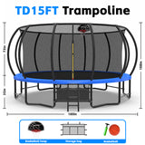 Trampolín resistente de 15 pies de color azul para la familia con red de seguridad 