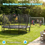 MERSCO 16FT Pumpkin Trampoline with Safety Enclosure Net, Basketball Hoop & 16x7FT Soccer Goal Post Set, All-Weather Backyard Sports Combo Training Center for Kids & Adults
