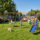 MERSCO 6-in-1 Backyard Swing Set with Slide - Blue & Orange