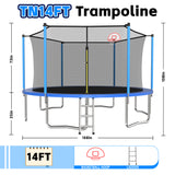 MERSCO 14FT Blue Trampoline with 6 W-Shaped Legs & Pro-Style Basketball Hoop