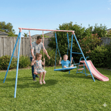Mersco Baby Swing Set with Slide, 3-in-1 Outdoor Playset for Backyard with Flying Saucer & Classic Swing, Sturdy Metal Frame Playground Swing Set Toy for Kids,Pink