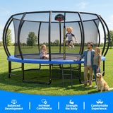 Trampolín resistente de 15 pies de color azul para la familia con red de seguridad 
