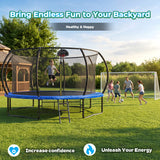 MERSCO 14FT Pumpkin Trampoline with Safety Enclosure Net, Basketball Hoop & 16x7FT Soccer Goal Post Set, All-Weather Backyard Sports Combo Training Center for Kids & Adults