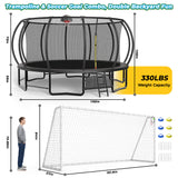 MERSCO 16FT Pumpkin Trampoline with Safety Enclosure Net, Basketball Hoop & 16x7FT Soccer Goal Post Set, All-Weather Backyard Sports Combo Training Center for Kids & Adults